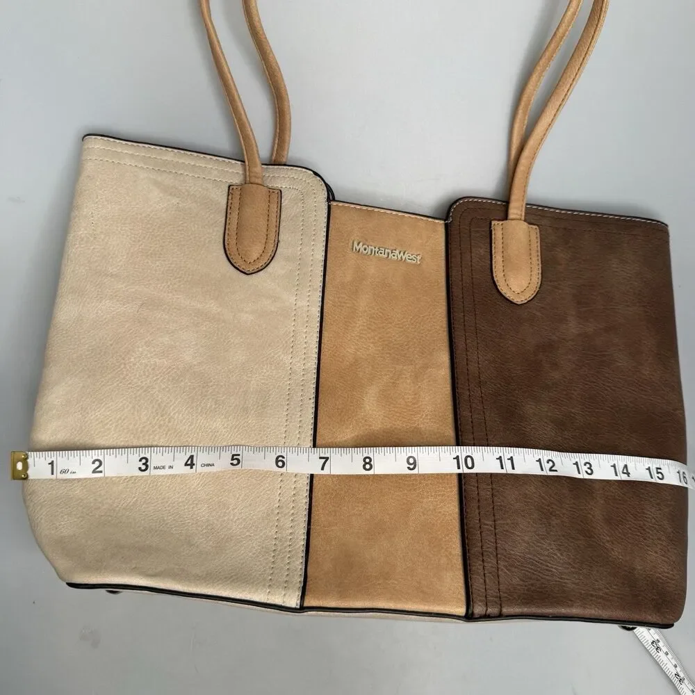 Montana West Tri-Color Cream Tan Brown Tote Vegan Leather Purse Zip Close Studde